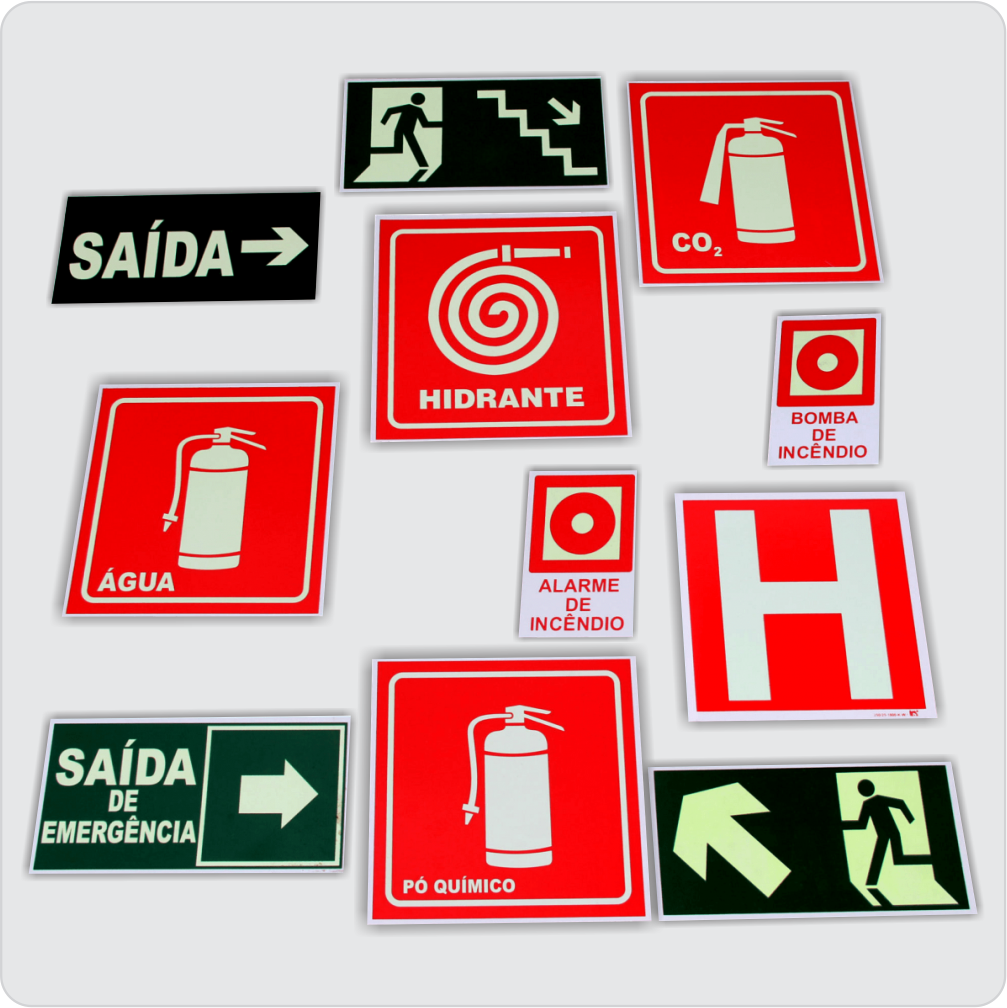 placa de sinalização extintores escadas hidrantes etc
